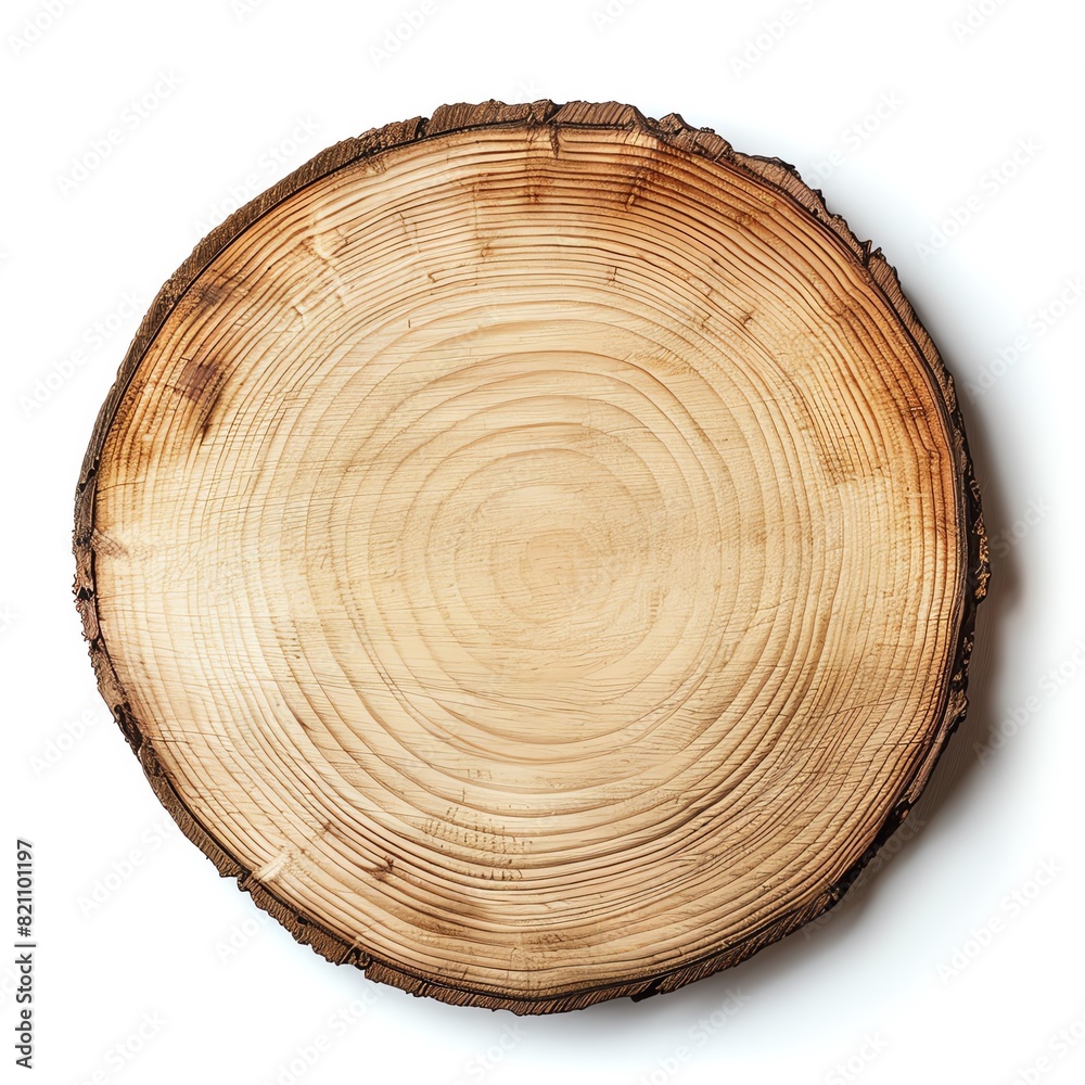 Fototapeta premium Wooden tree trunk cross-section with visible annual rings and bark. Isolated on white background. Natural texture, rustic style, organic design.