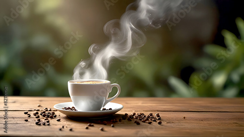 Espresso coffee on a simple wooden table surrounded by scattered coffee beans against a natural backdrop