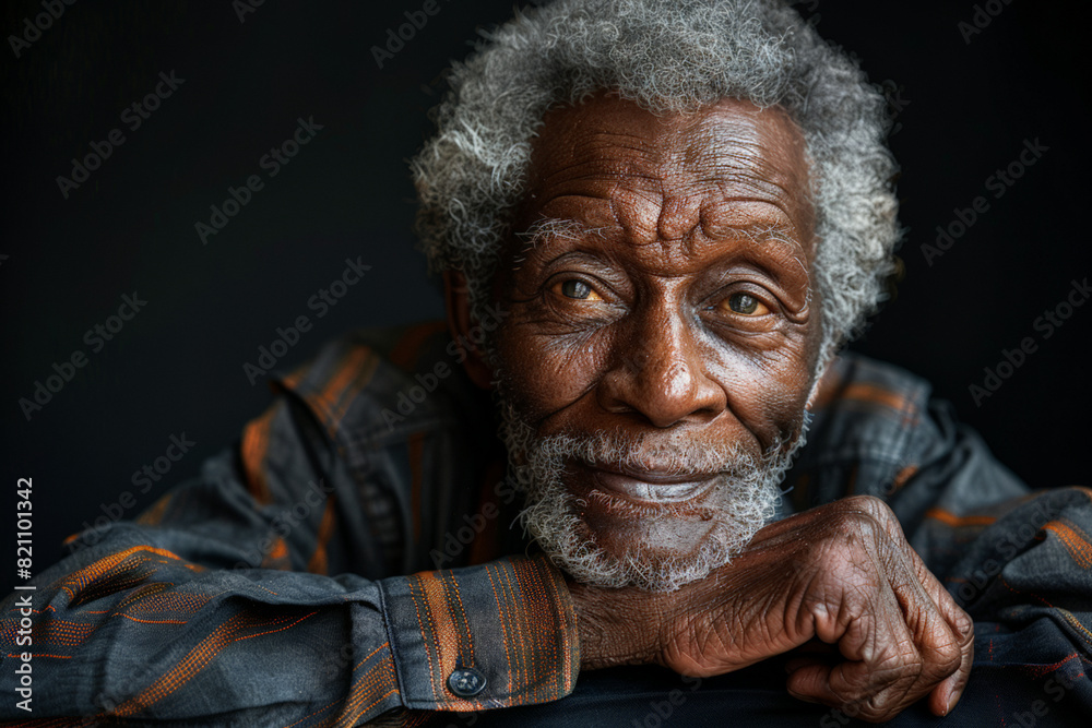 Elderly afro-american man with white hair and striped shirt against blank black background for ads