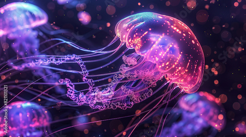 neon jellyfish, glowing jellyfish, luminescent jellyfish, bioluminescent jellyfish, fluorescent jellyfish, vibrant jellyfish, electric jellyfish, neon marine life, radiant jellyfish, neon sea creature photo