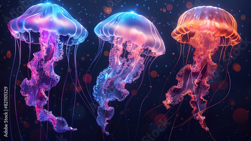 neon jellyfish, glowing jellyfish, luminescent jellyfish, bioluminescent jellyfish, fluorescent jellyfish, vibrant jellyfish, electric jellyfish, neon marine life, radiant jellyfish, neon sea creature © Eugene