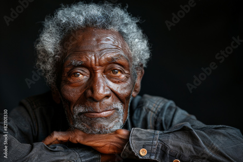 Older Afro-American man with grey hair in black shirt against blank black background for advertising