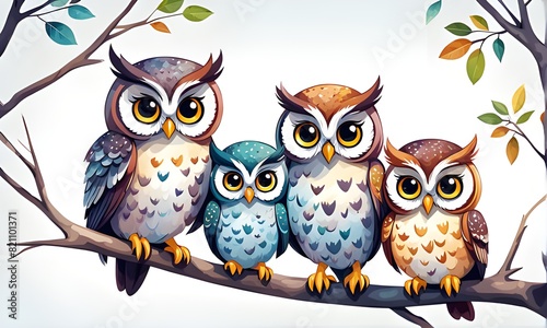 Watercolor cartoon style clipart of a family of cute owl birds on a tree isolated white background. Generative AI