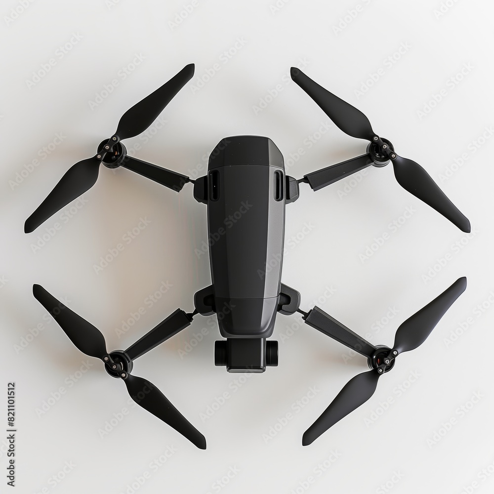 A top view of a black drone with static rotors in a white background.