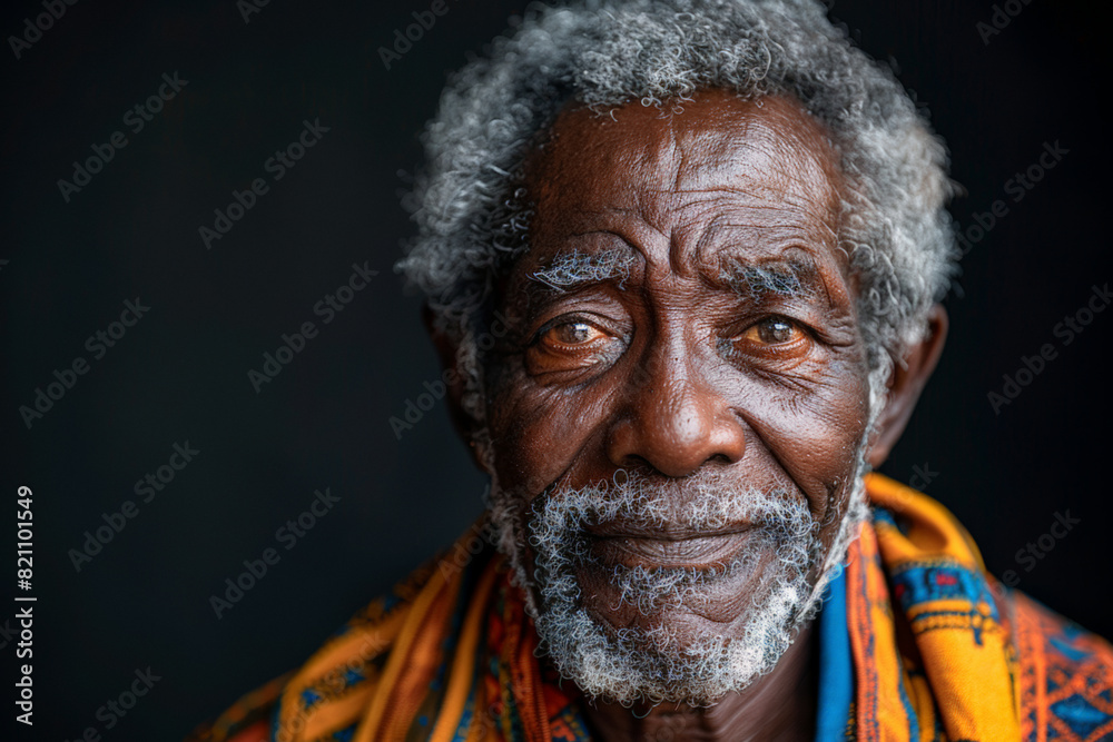 Older man with grey hair and colorful scarf with ethnic pattern against blank black background Older man with grey hair and colorful scarf with ethnic pattern against blank black background