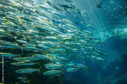A school of sardinella fish swimming in the clear blue waters of the ocean, creating a beautiful and serene underwater scene. photo