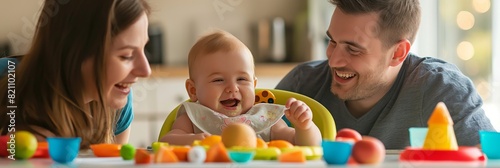 A joyful family shares a playful mealtime with their laughing baby, illustrating love and domestic happiness
