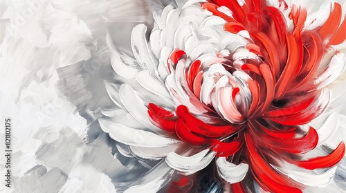 A detailed oil painting of red and white chrysanthemums, perfect for hanging as wall art.