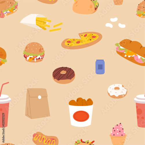 Tasty burger, pizza, donuts and drinks seamless pattern. Fast food print design for wrapping or fabric. Cafe delivery, restaurant, kitchen vector background