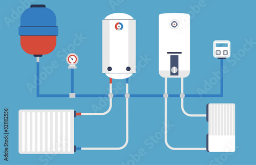 Home heating system. Smart energy saving house or apartments technologies. Boilers and room batteries with thermostat, decent vector concept