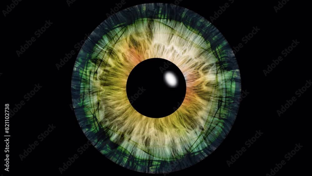 Close-up of a blue human iris with psychedelic multicolored patterns