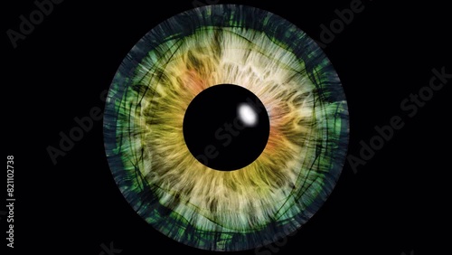 Close-up of a blue human iris with psychedelic multicolored patterns