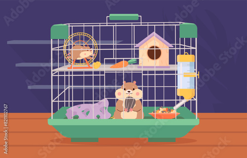 Hamsters in cage. Cartoon fatty hamster with friend, domestic cute animals and equipment. Fluffy pets, childish mascots, nowaday vector scene