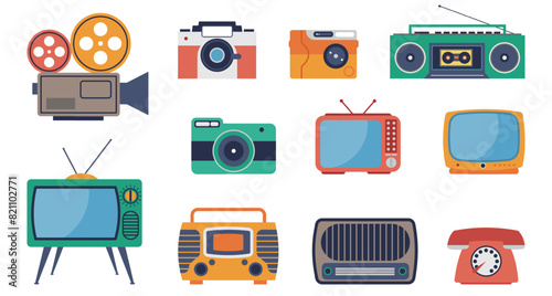 Vintage media. Photo cameras, tv screens and radio. Film camera, retro phone and audio player. Isolated flat old digital technologies decent vector set