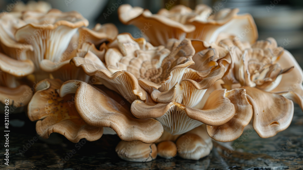 Golden Oyster Mushrooms on a dark surface, close-up view. Golden Oyster Mushrooms on a dark surface, close-up view.