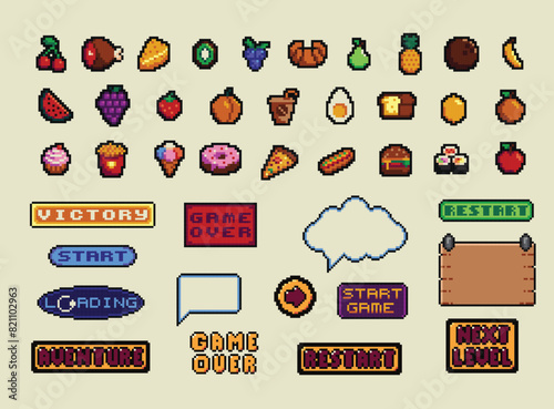 Pixel art frames. Retro 8 bit buttons, arrows, speech bubble messages, food and quote frame. Game UI vector template set of pixel game frame, 8 bit message illustration