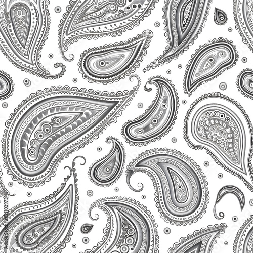 A black and white paisley patterned design with a white background