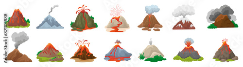 Cartoon volcanoes eruption. Volcano processes, natural disasters with fire fountains, flames, ashes and smokes. Nature elements, neoteric vector set