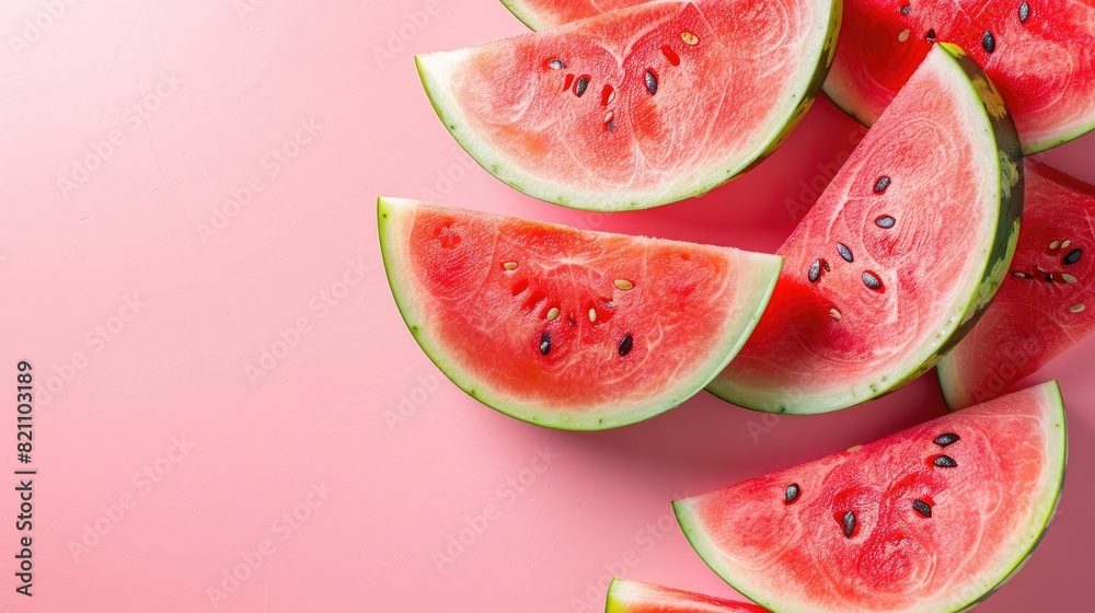 Fresh slices of watermelon cascading onto a vibrant pink backdrop Fresh slices of watermelon cascading onto a vibrant pink backdrop