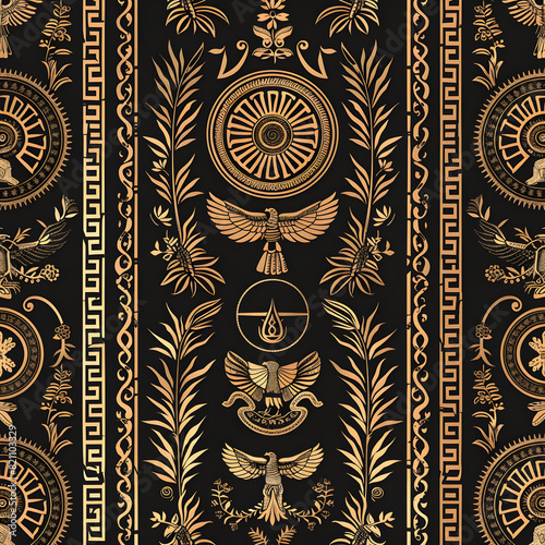 A gold and black design with birds and leaves