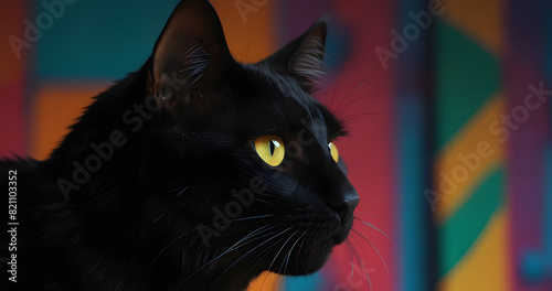 black cat portrait , Colourful Black, Gamine, long shot, untextured, High contrast, Collage, jazzy colors