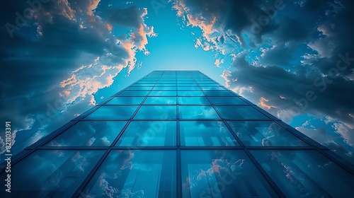 Modern skyscraper with reflective glass windows reaching towards the cloudy sky, showcasing urban architecture and dynamic perspective.