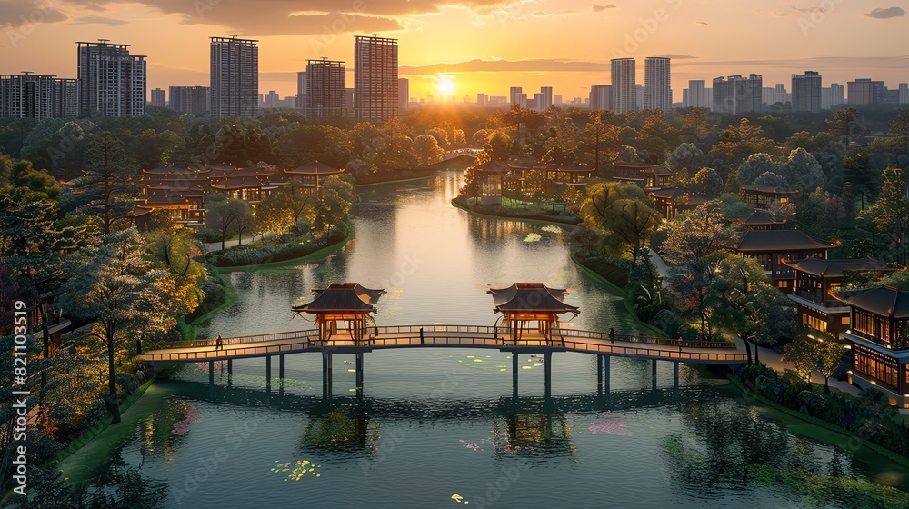 Fototapeta premium Serene sunset view of a tranquil river with traditional bridges and lush greenery in an urban cityscape.