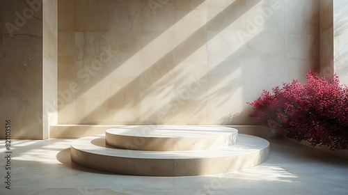 Serene minimalist architectural space with sunlight streaming in, highlighting a round platform surrounded by a vibrant potted plant.