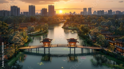 Serene sunset view of a tranquil river with traditional bridges and lush greenery in an urban cityscape.