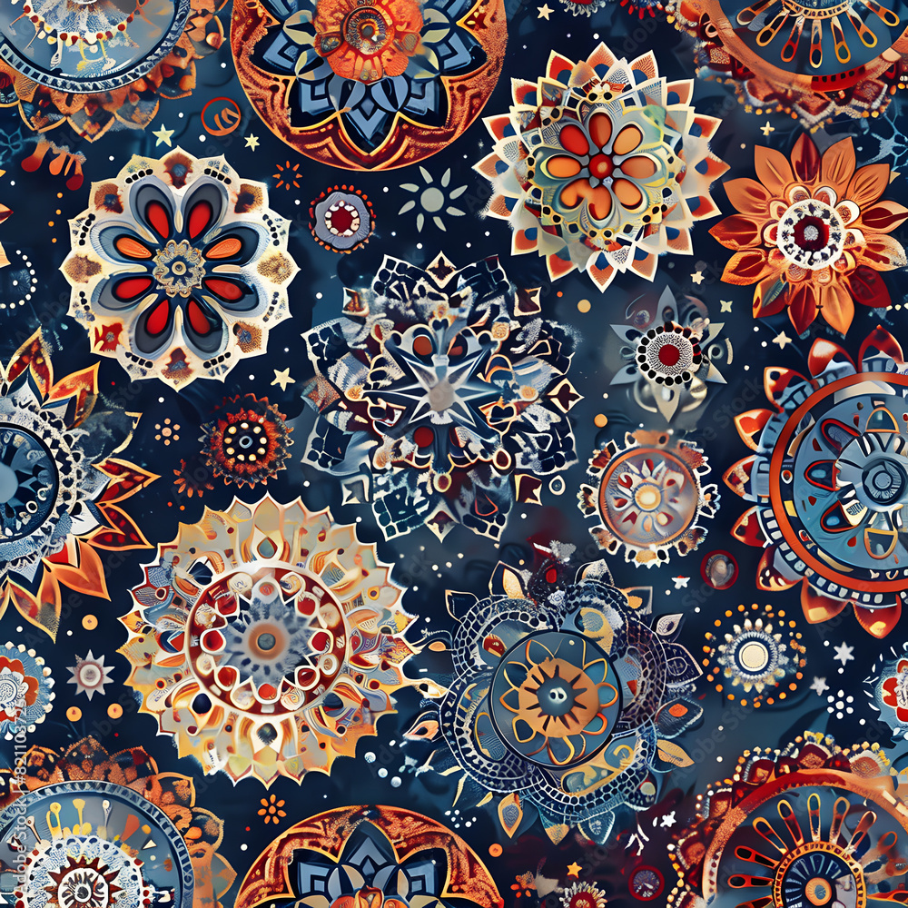 A colorful pattern of flowers and stars is displayed on a blue background