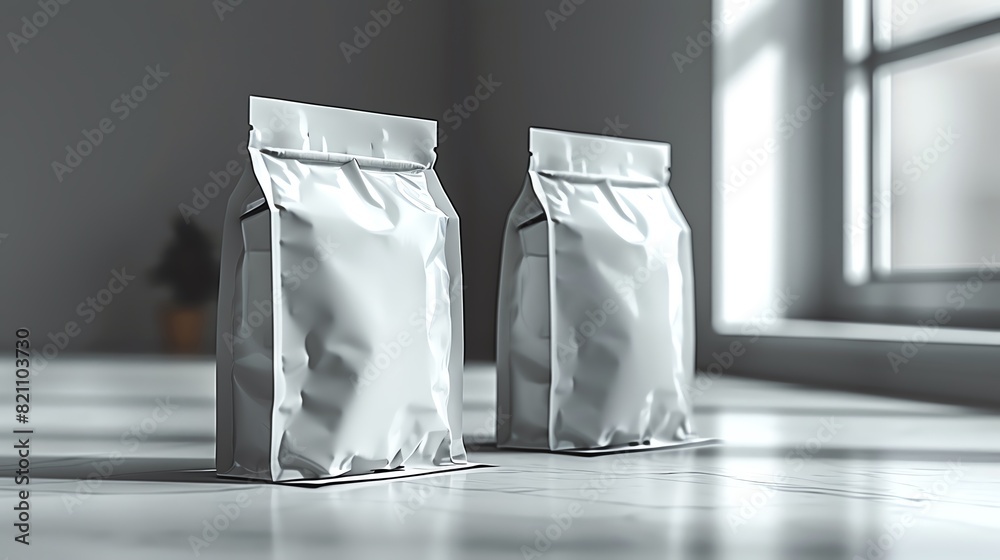 Two sealed silver bags on a sunlit surface, perfect for coffee, tea, or food packaging needs, offering a modern and clean design. Two sealed silver bags on a sunlit surface, perfect for coffee, tea, or food packaging needs, offering a modern and clean design.
