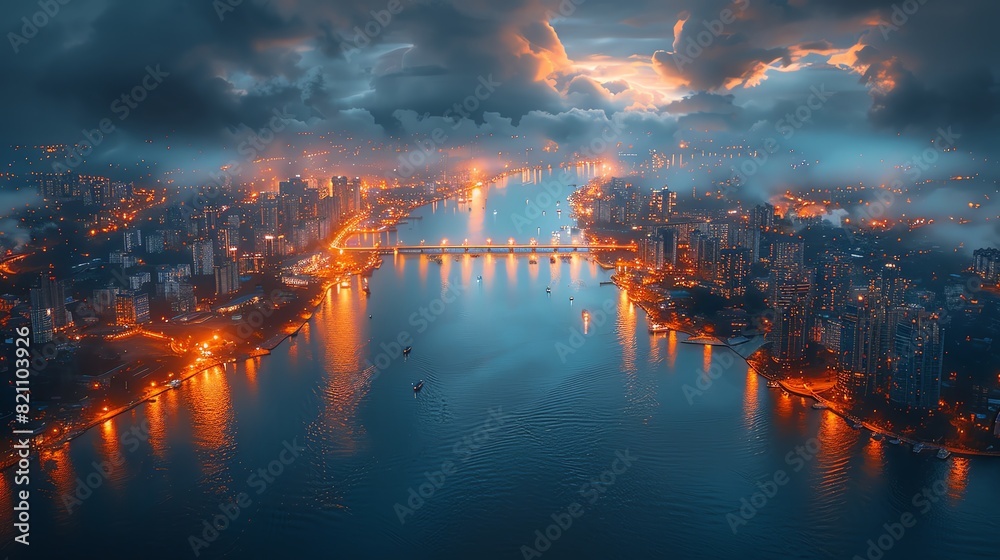 A mesmerizing aerial view of a cityscape at dawn with illuminated streets and a bridge, surrounded by dramatic clouds and calm water.