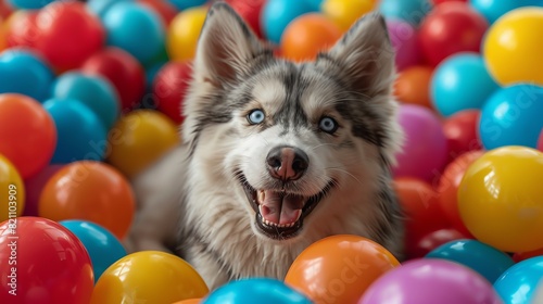 A happy Husky dog with bright blue eyes surrounded by colorful plastic balls in a playful and joyful setting. © ZethX