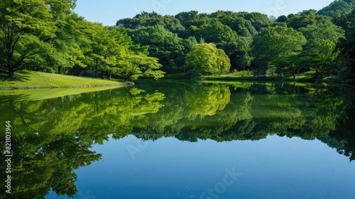 Tranquil Oasis  Reflective Water Amidst Verdant Trees and Grass