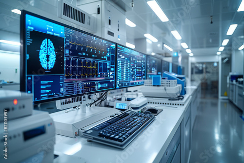 Lab computer screens exhibit brainwave patterns, illustrating high-tech neurological analysis capabilities
