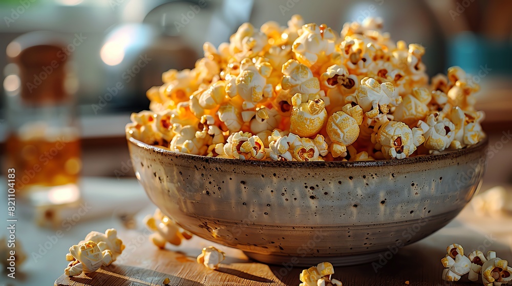 Bowl of freshly popped popcorn ready for a movie night, set on a rustic kitchen table with natural light filtering in. Bowl of freshly popped popcorn ready for a movie night, set on a rustic kitchen table with natural light filtering in.