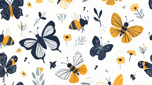 Bumblebees and butterflies seamless pattern. Cute fly