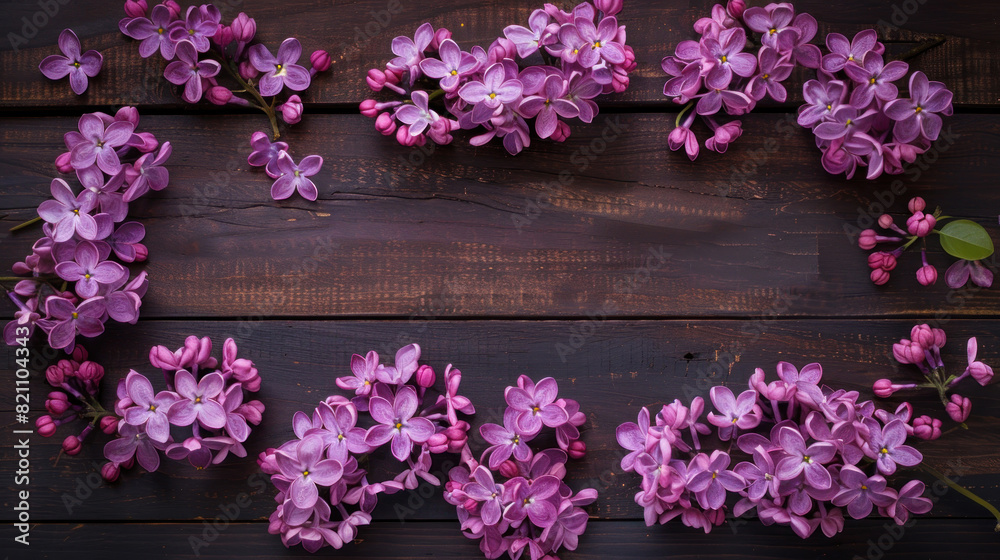 Lilac pink flower frame on dark wooden background as wallpaper illustration, Beautiful lilac flower