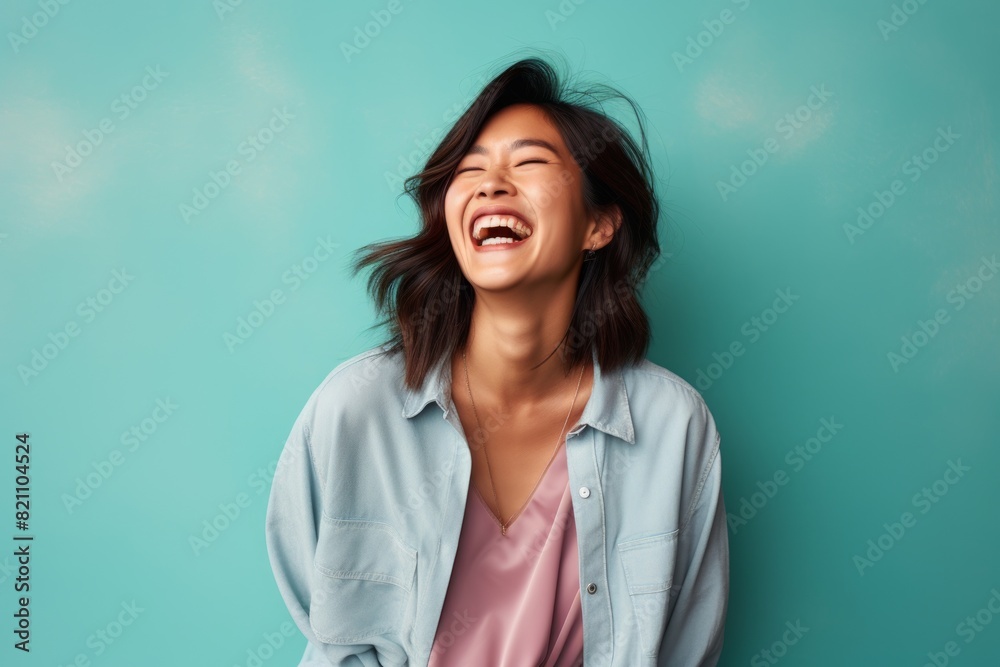 Portrait of a satisfied asian woman in her 30s laughing in solid pastel color wall Portrait of a satisfied asian woman in her 30s laughing in solid pastel color wall