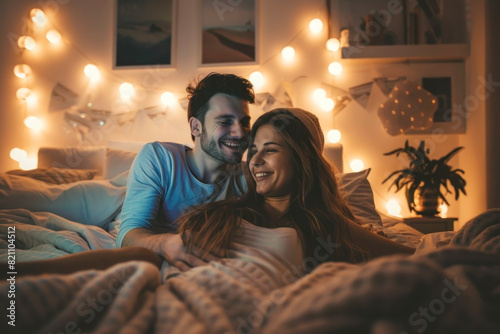 A couple video chatting late at night, the glow of the screen illuminating their smiles, intimate and cozy bedroom setting.