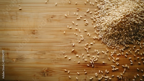 Aerial perspective: Rice grains scattered on a wooden surface, symbolizing agricultural bounty. photo
