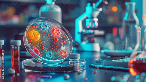 Vibrant Petri Dish Displaying Bacterial Colonies in Modern Laboratory Setting.