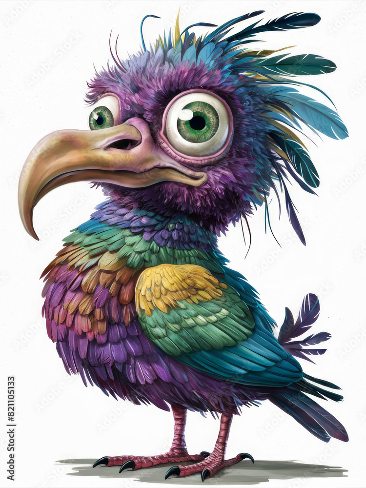 Vibrant, Colorful Fantasy Bird with Large Eyes and Feathers in Whimsical Style. Vibrant, Colorful Fantasy Bird with Large Eyes and Feathers in Whimsical Style.