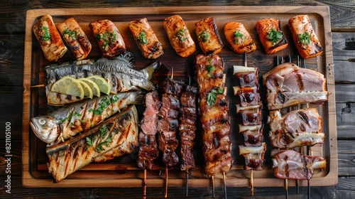 Aerial perspective: Variety of fish, pork ribs, and beef kebabs on a wooden serving tray, an appetizing meat assortment captured from above.