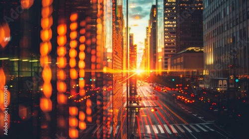 A New York street bustling with tall skyscrapers durning the sunset