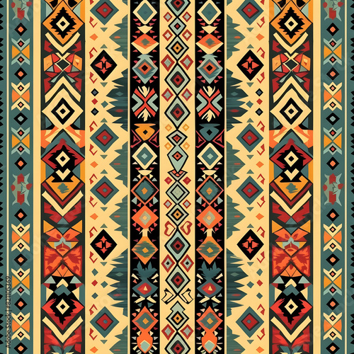 The image is a colorful and intricate design with a lot of different shapes, textile pattern