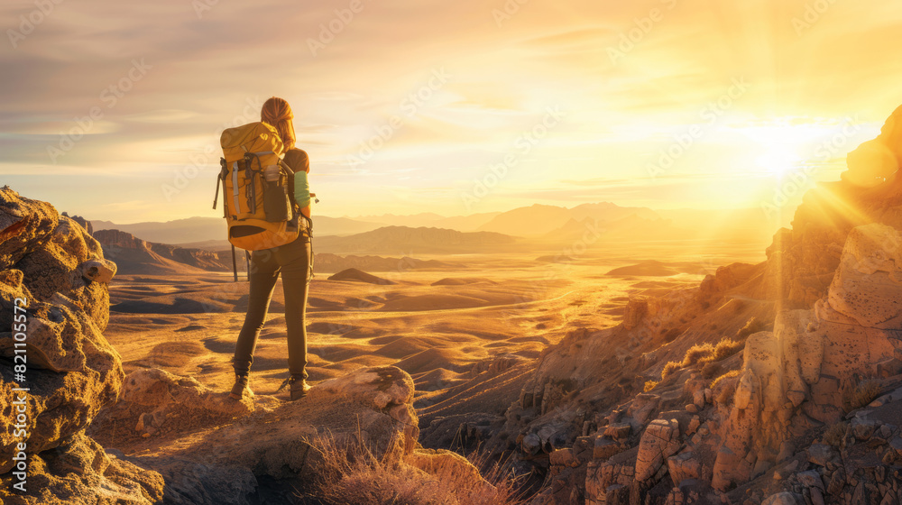 Adventure Travel Blogger Exploring Remote Captured in the golden light of a remote, breathtaking landscape, a female adventure travel blogger shares her explorations The natural li