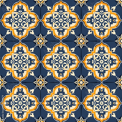 A blue and yellow tile pattern with a star in the center