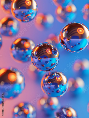 Shiny glowing spheres with reflections on vibrant background