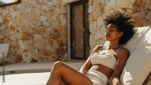 Candid mixed race african american black woman relaxing & sunbathing on vacation holidaying at a quiet luxury villa. Single female solo traveller napping in the sun